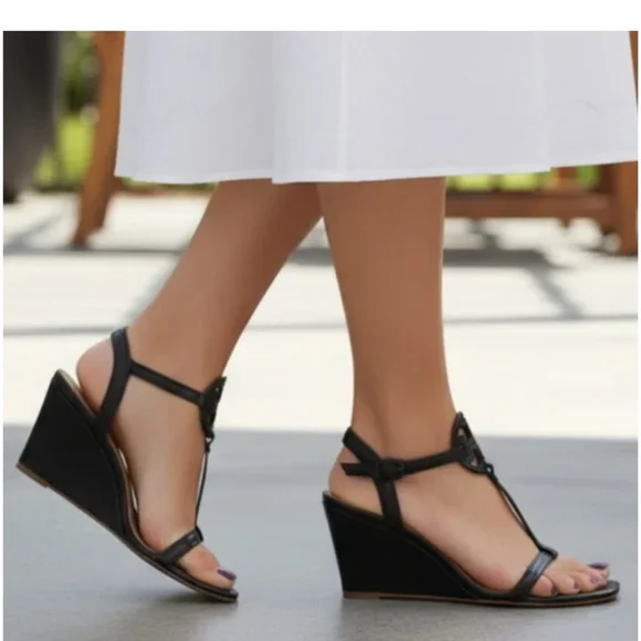 Tory Burch Miller Black Leather Wedge Sandals - Picture 4 of 14